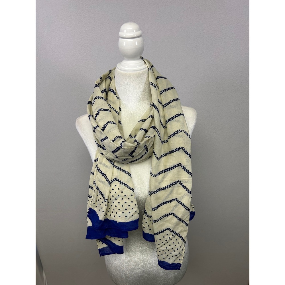 Coastal Nautical‎ Lands End Womens OS Cream Navy Chevron Polka Dot Cotton Scarf
